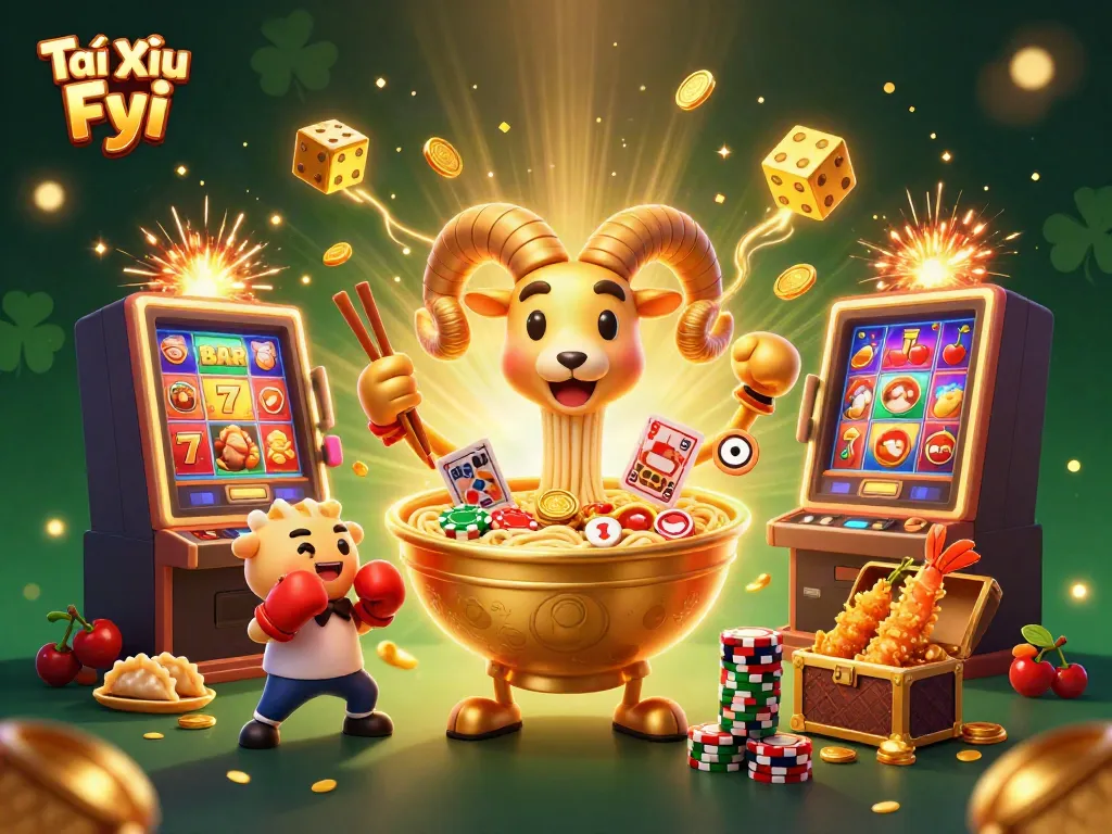 Engage with Tài Xỉu Fyi's vibrant casino scene featuring a golden ramen bowl dealer and dynamic slot elements.