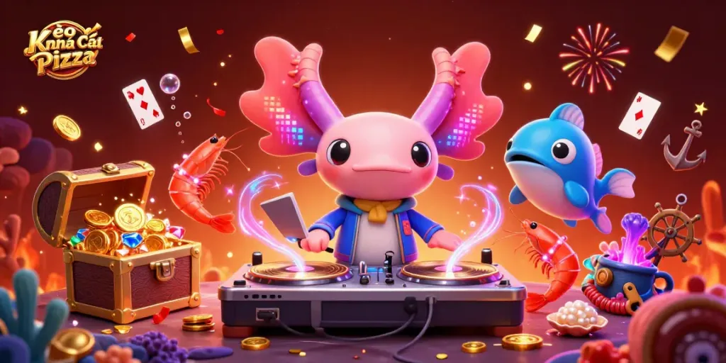 Join the vibrant party at Kèo Nhà Cái Pizza with axolotl DJ and underwater treasures!