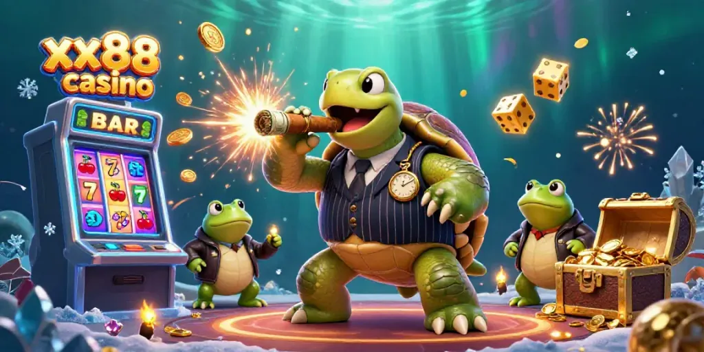Experience the excitement of xx88 casino with a dynamic scene of a snapping turtle and bullfrogs surrounded by vibrant casino elements.
