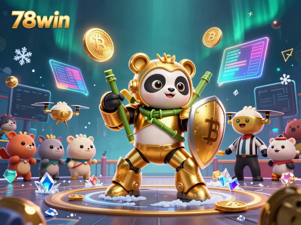 Engage with the vibrant 78win gaming scene featuring a golden panda mech and crypto elements.