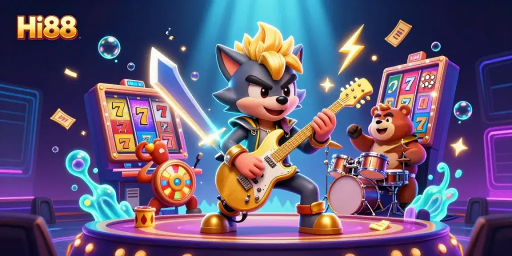 Experience the excitement of Hi88 through a vibrant casino-themed illustration featuring dynamic characters and winning elements.