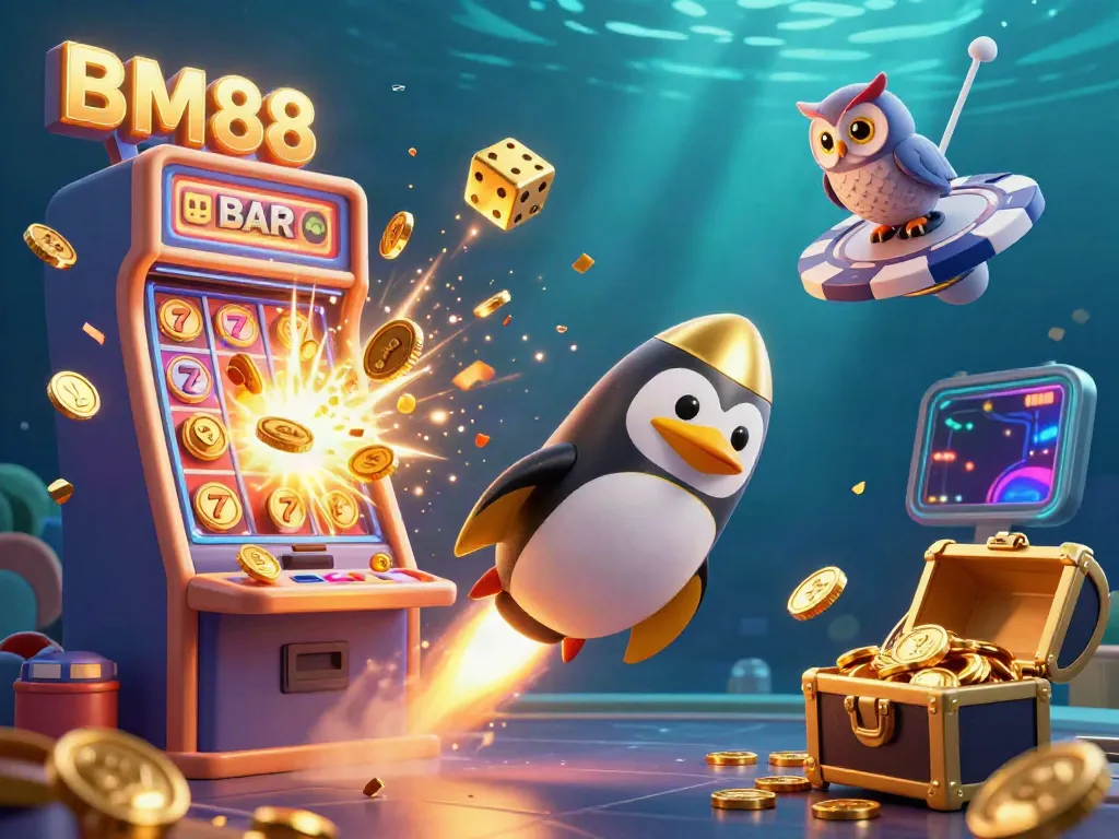 Experience the thrill with BM88 as a golden penguin rockets to a casino space station, surrounded by coins and jackpots.