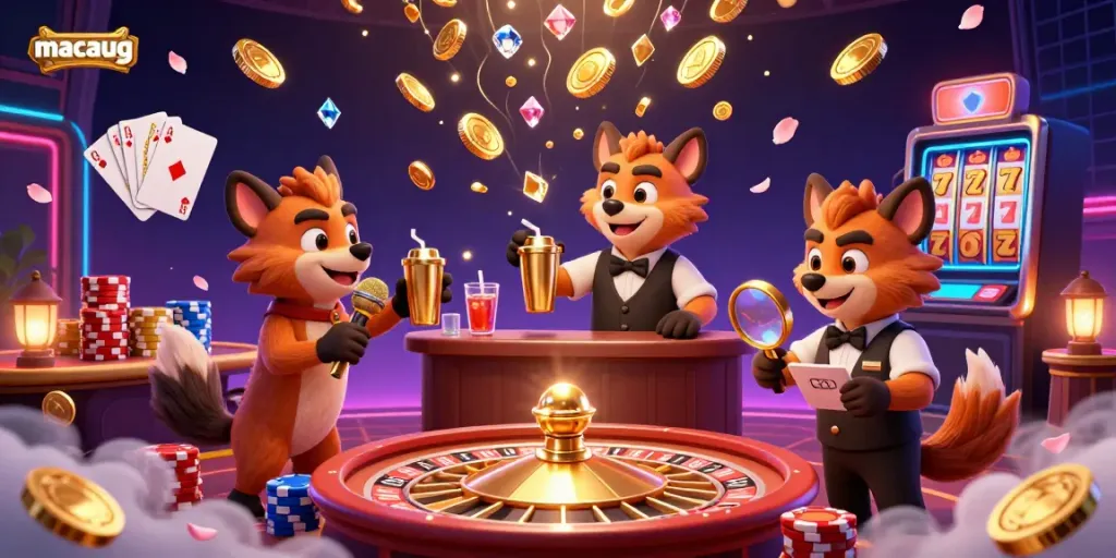 Crowd-pleasing comedy scene with macaugg hyenas performing in a dynamic casino setting filled with gold coins and roulette.