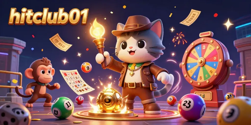 Hitclub01 showcases a vibrant 3D casino adventure with a cat archaeologist and a monkey companion.