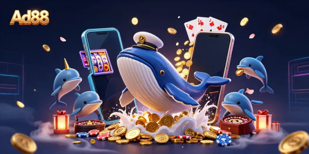 Experience thrilling gaming with Ad88 in this vibrant 3D casino illustration featuring a whale and playful dolphins.