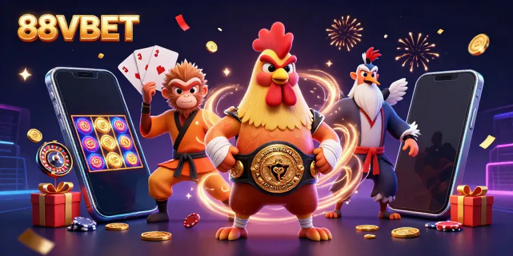 Experience the dynamic world of 88VBET with 3D characters celebrating around vibrant casino elements.