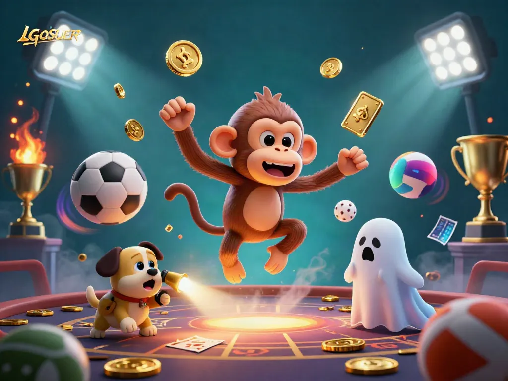 Experience LGOSUPER's haunted casino where a playful poltergeist monkey juggles golden coins and cards.