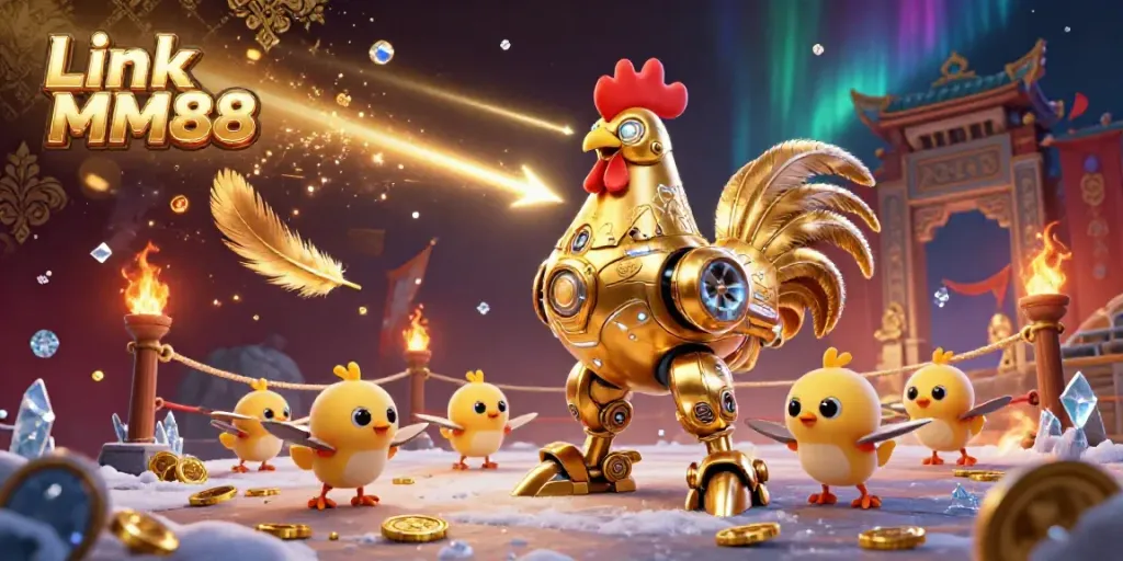 Engage with the thrilling visuals of Link MM88 featuring a dynamic golden rooster robot and baby chick drones.
