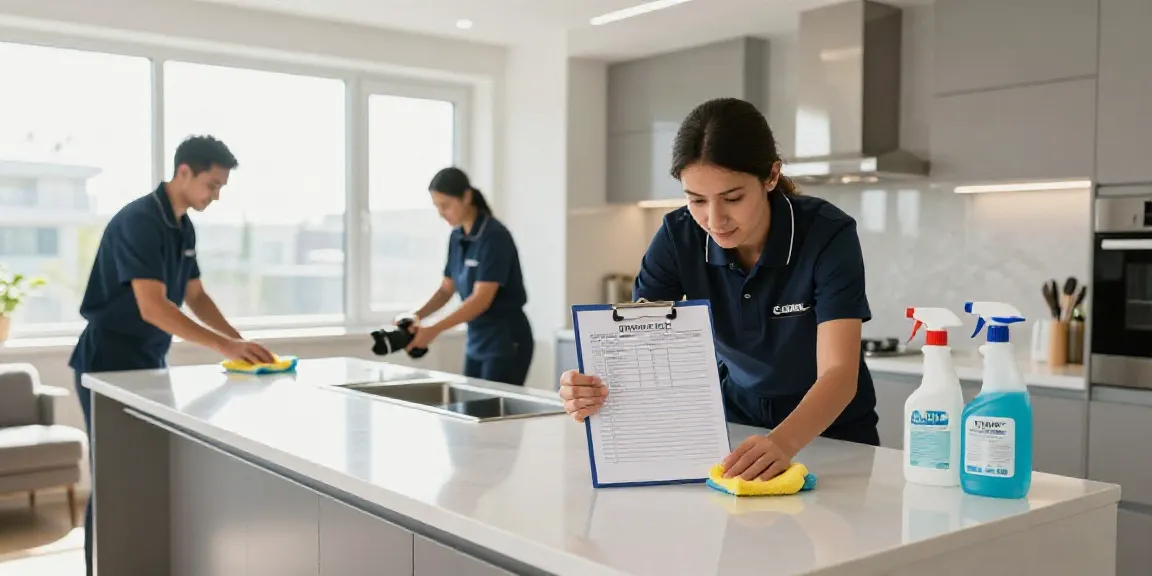 End of lease cleaning Melbourne with professionals cleaning an empty kitchen for a lease handover.