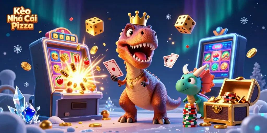 Kèo Nhà Cái Pizza features a friendly T-Rex shuffling cards and a triceratops stacking chips, showcasing exciting casino elements.