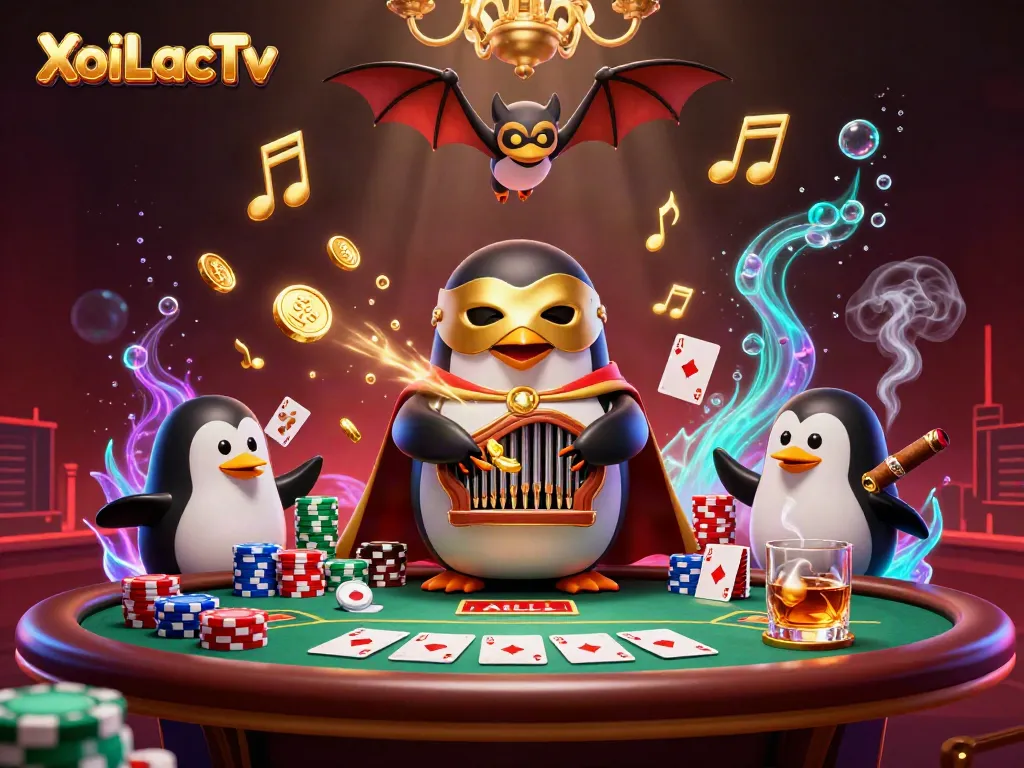 XoiLacTv offers a vibrant 3D illustration of a penguin and acrobat in a casino setting.