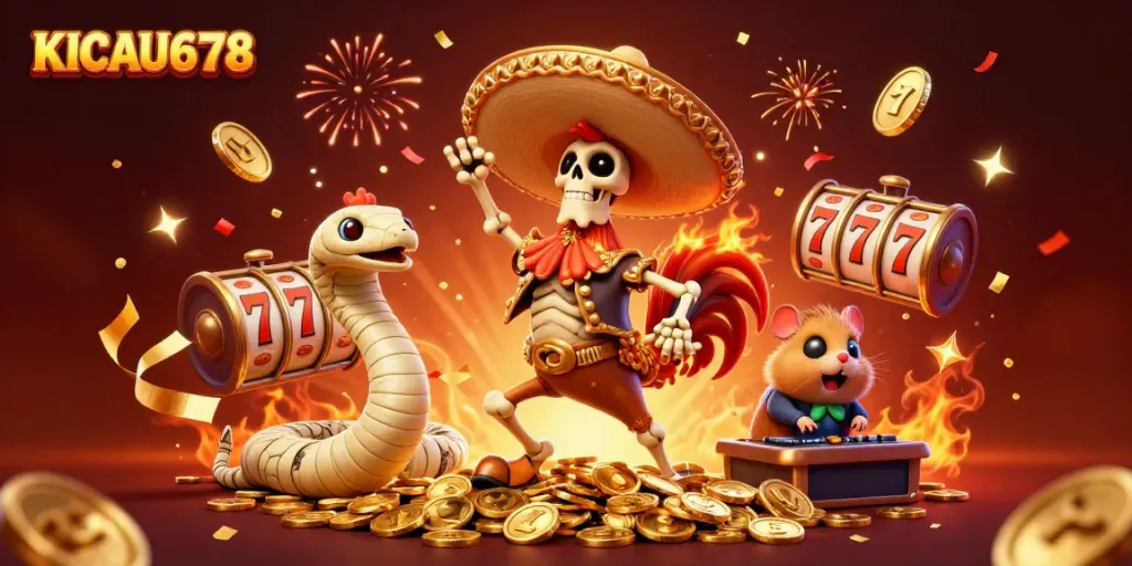 KICAU678 showcases a thrilling online casino experience with a vibrant victory scene featuring characters celebrating amidst slot machine reels and dynamic decorations.