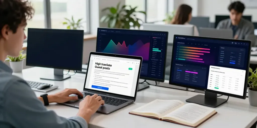 Strategist analyzing high traffic guest posts in a modern marketing office.
