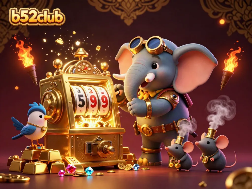 Engage with b52club's thrilling slot machine experience amidst a vibrant treasure scene.