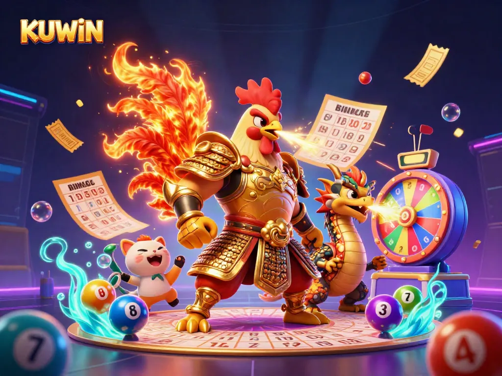 Experience immersive gaming with KUWIN's vibrant casino illustration featuring dynamic lottery elements.