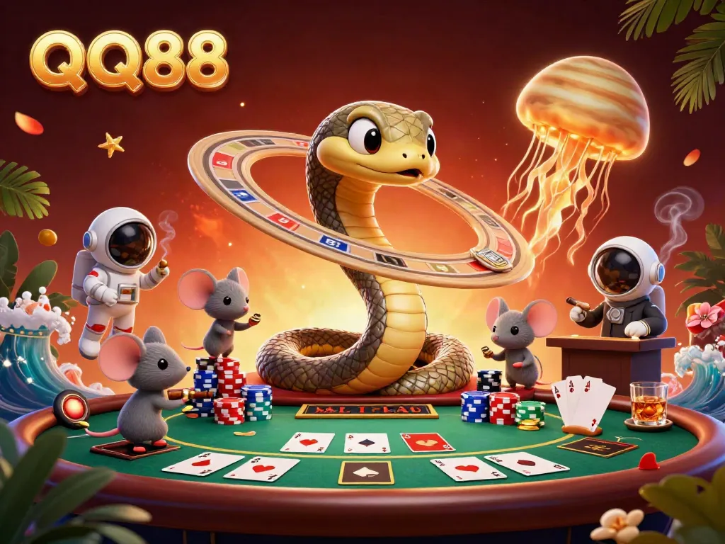 Experience thrilling bets on QQ88 with cosmic characters in a rich, colorful casino scene.