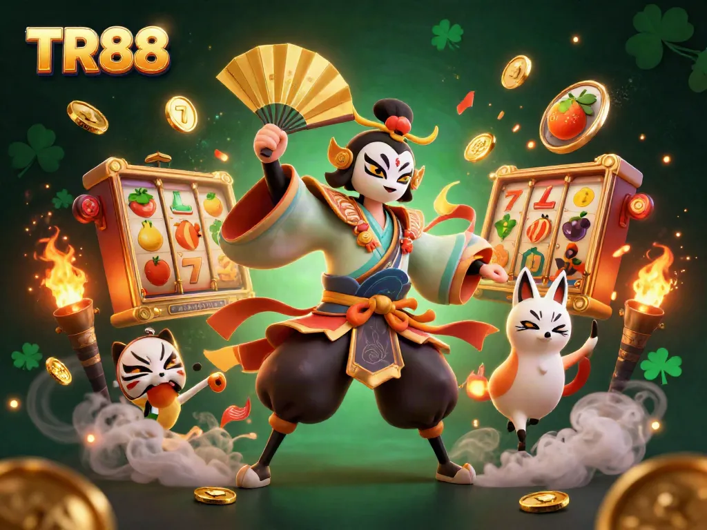 Engage with TR88's vibrant casino scene featuring interactive slot reels, colorful jackpots, and dynamic characters.