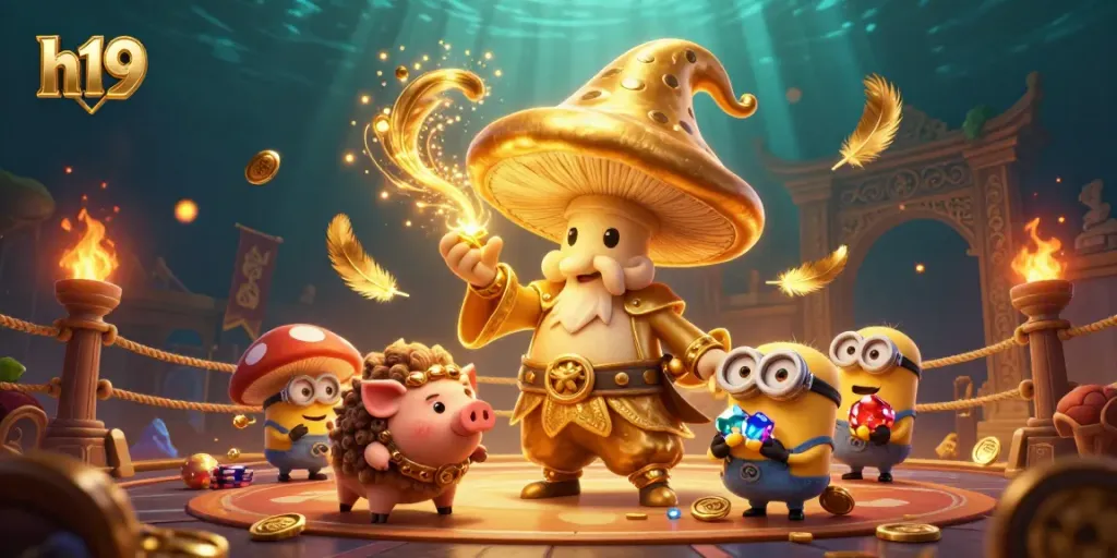 Join the thrilling adventure in h19 with a magical golden mushroom wizard casting spells for luck and wealth.