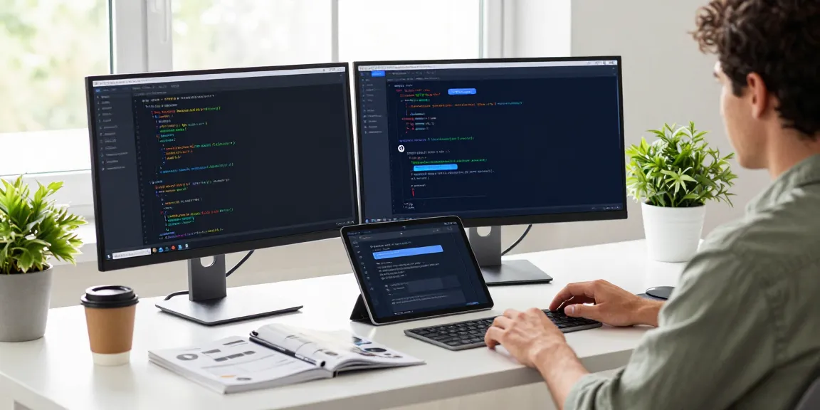 Developer using a WordPress chat plugin in a modern workspace filled with tech.