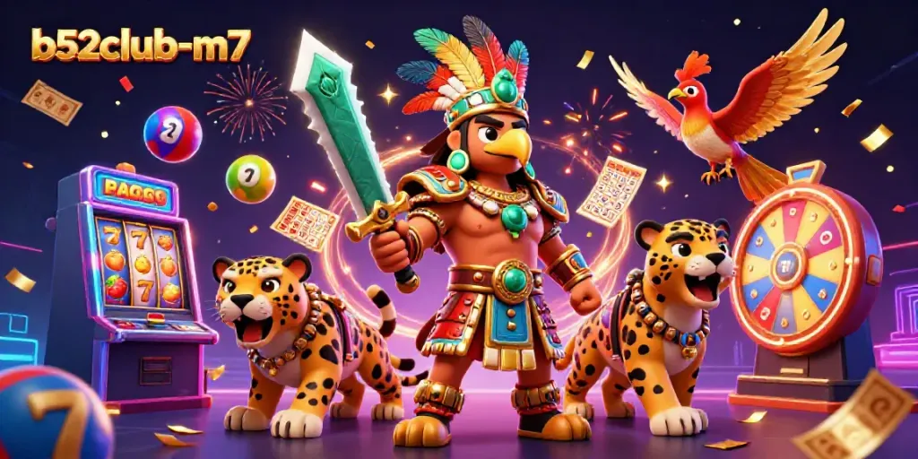 Experience the thrilling gaming atmosphere at b52club-m7 with vibrant slot machines and festive characters.