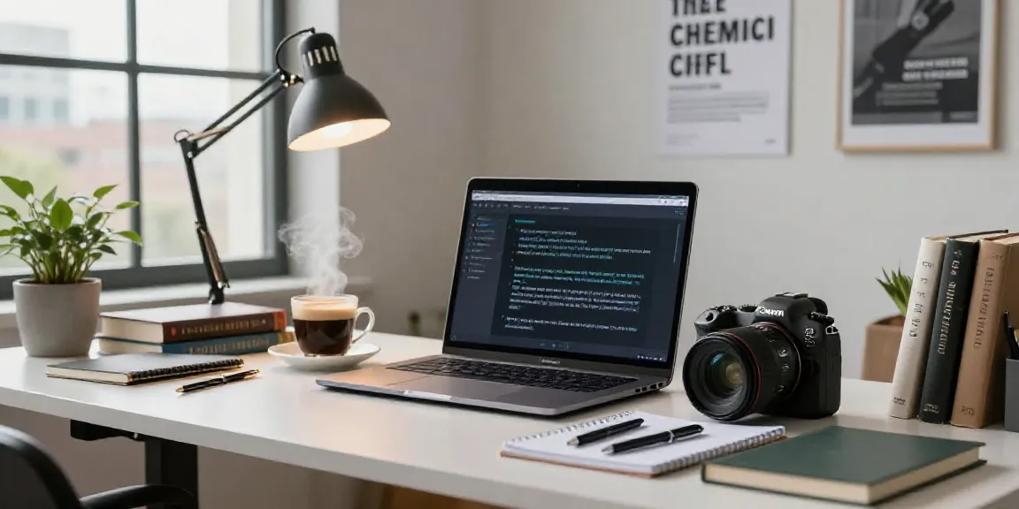 Professional writer using an AI text generation tool in a modern workspace filled with writing materials and natural light.