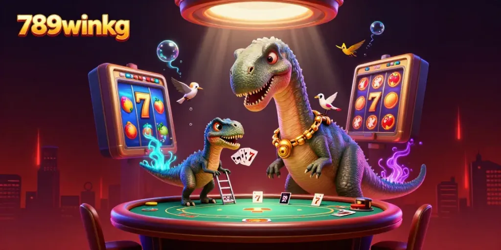 Experience the dynamic casino scene of 789winkg with a brontosaurus, raptor dealer, and lively slot elements.