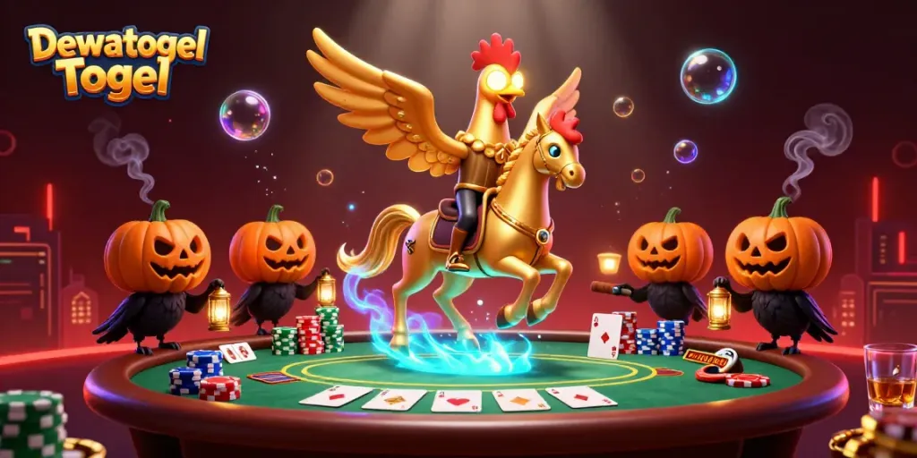 Dewatogel Togel showcases a golden rooster riding a spectral horse through a lively casino scene.