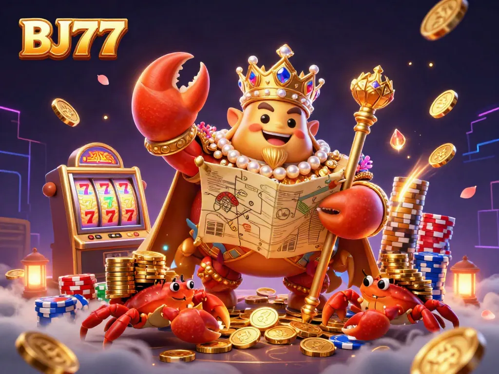 Spin the reels and unveil treasures at BJ77 with a regal crab emperor and dazzling casino elements.