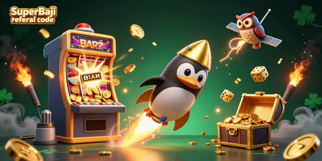 Engage in thrilling gaming with SuperBaji referral code, featuring dynamic 3D illustrations of casino adventures.