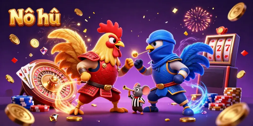 Nổ hũ showcasing twin roosters in a dramatic standoff amidst cascading coins and vibrant casino elements
