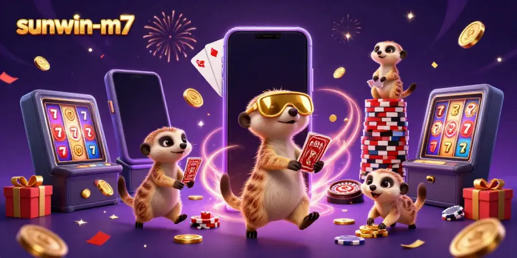 Experience the vibrant world of sunwin-m7 as meerkats create a dynamic casino scene with colorful slots and excitement.