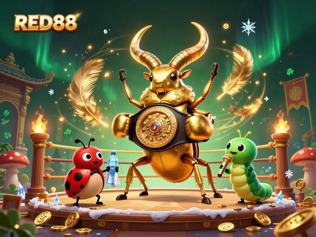 Engage in thrilling gameplay with RED88, featuring a golden stag beetle champion in a dynamic casino scene.