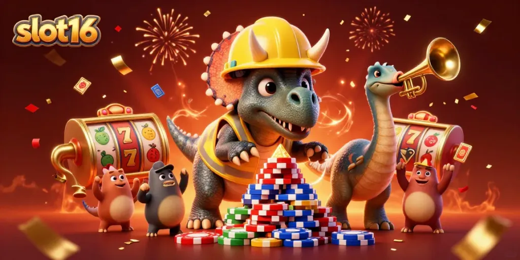 Engage in thrilling gameplay with slot16, a vibrant scene showcasing jubilant characters celebrating amidst casino elements.