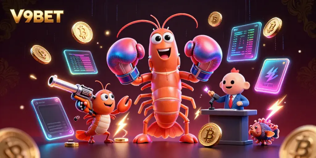 Experience gaming excitement with V9BET in this vibrant underwater casino scene featuring animated sea creatures.
