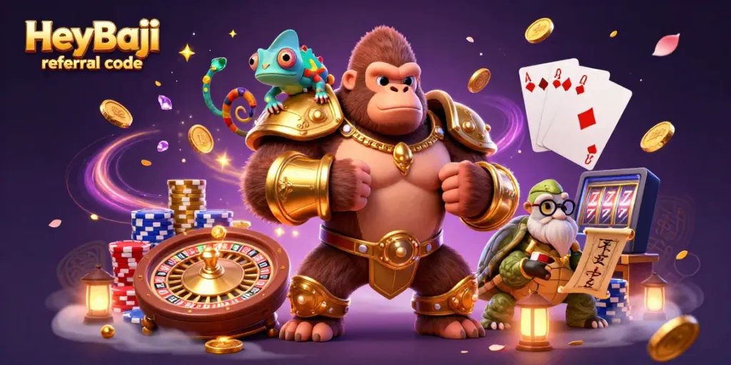 Engage with the HeyBaji referral code for exclusive casino bonuses in a vibrant 3D casino scene.