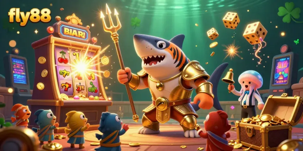 Participate in thrilling games with fly88; a tiger shark champion shines amidst a vibrant casino scene.