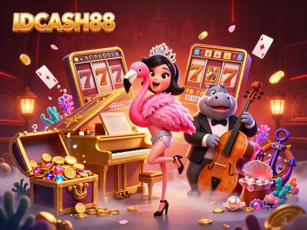 Engage in thrilling gameplay at IDCASH88 with vibrant casino elements featuring characters, slot reels, and treasures.