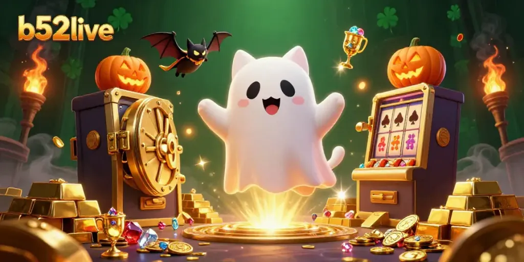 Witness the b52live ghost cat and vampire bat in a haunted casino, surrounded by glowing treasures.