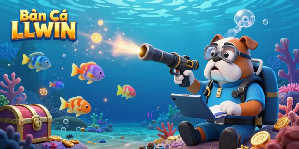 Bắn Cá LLWIN features a thrilling underwater adventure with cartoon characters shooting vibrant fish and glowing coins.
