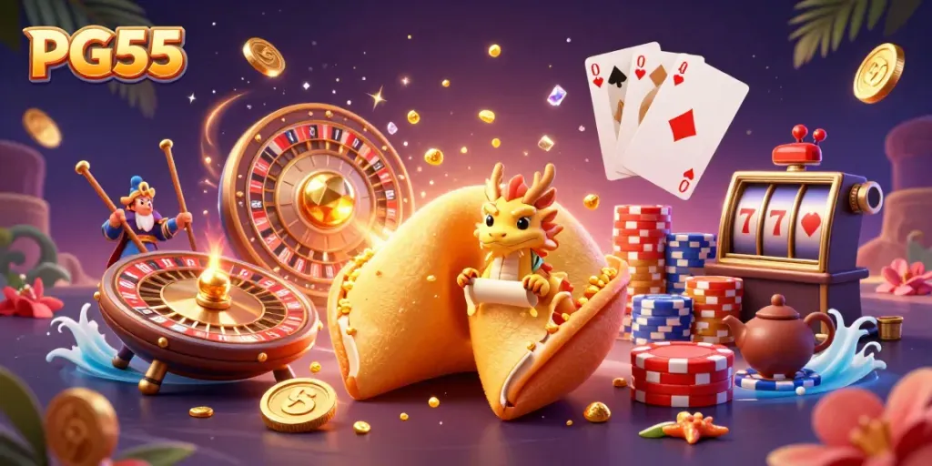 Engage with PG55 in a vibrant casino scene filled with golden fortunes and thrilling game elements.
