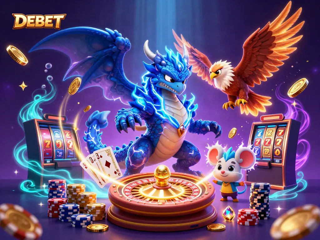 Experience DEBET's electrifying casino action with dynamic characters and vibrant gaming elements.