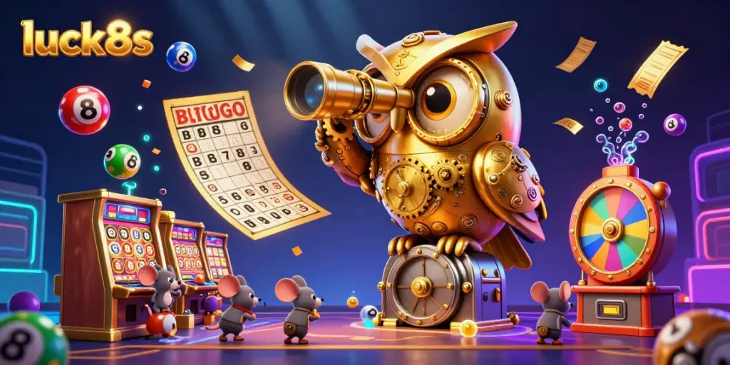 Experience thrilling gameplay with luck8s as a clockwork owl surveys a vibrant casino scene.