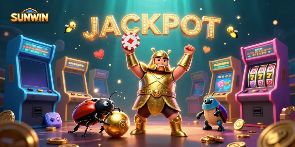 Experience a SUNWIN casino adventure with a victorious beetle character and vibrant gaming elements.