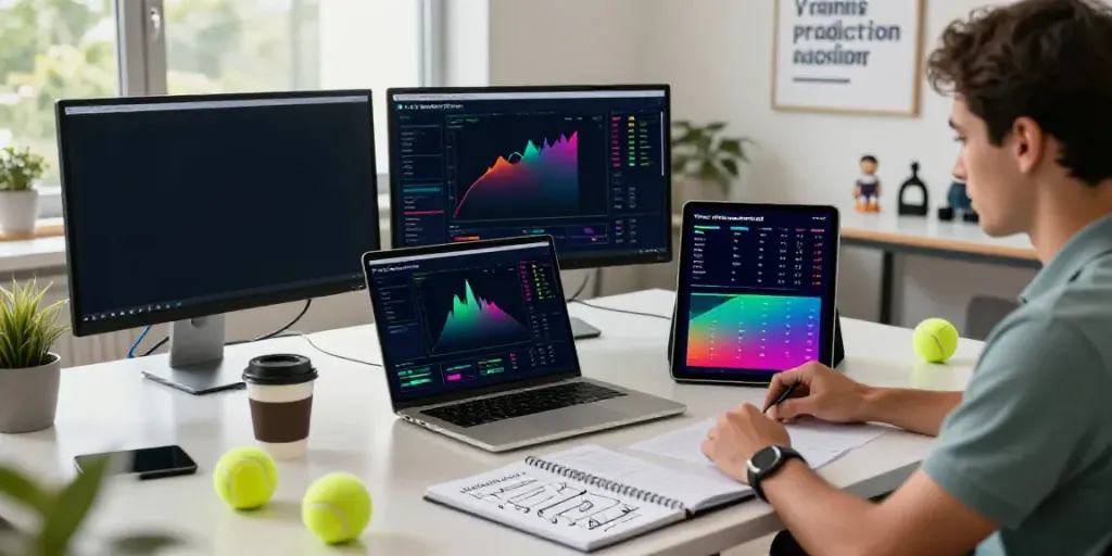 A data analyst utilizing the tennis prediction algorithm with real-time match statistics and predictions in a vibrant workspace.
