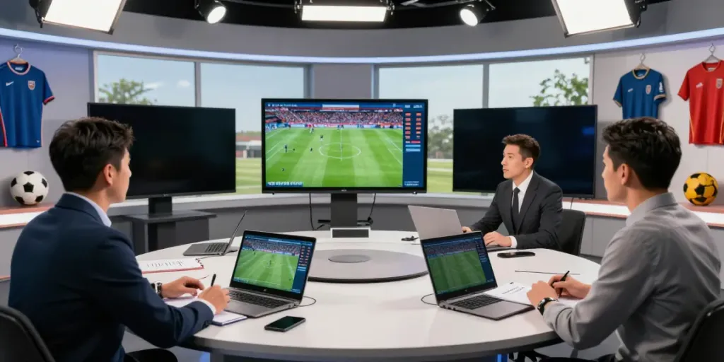 Engaging football analysis scene at TOP10FOOTBALL studio discussing stats and highlights.