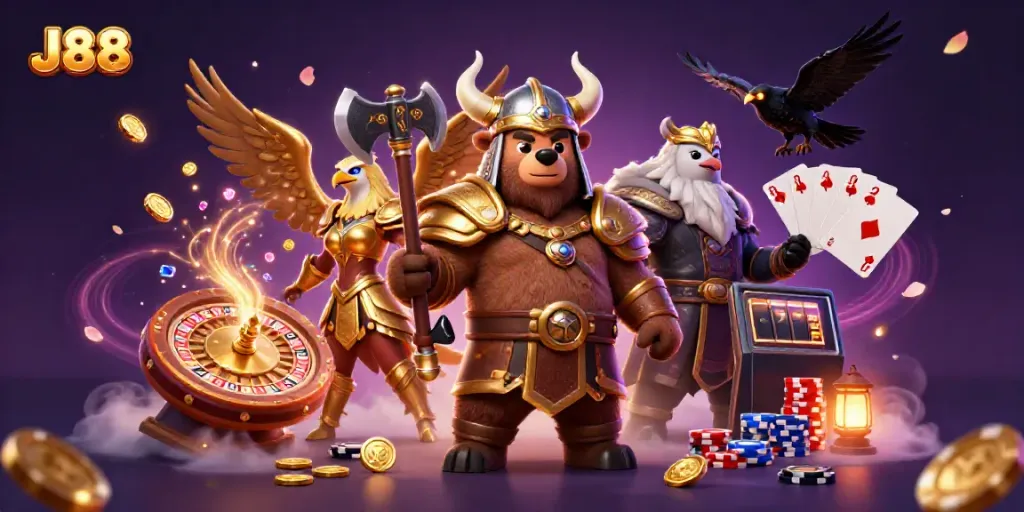 Experience excitement at J88 with a Viking bear, Valkyrie eagle, and casino treasures!