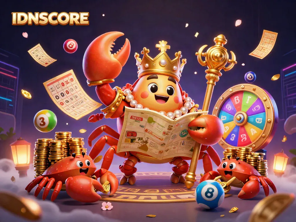 IDNSCORE displays a massive golden crab emperor in a vibrant lottery scene with energetic game elements.