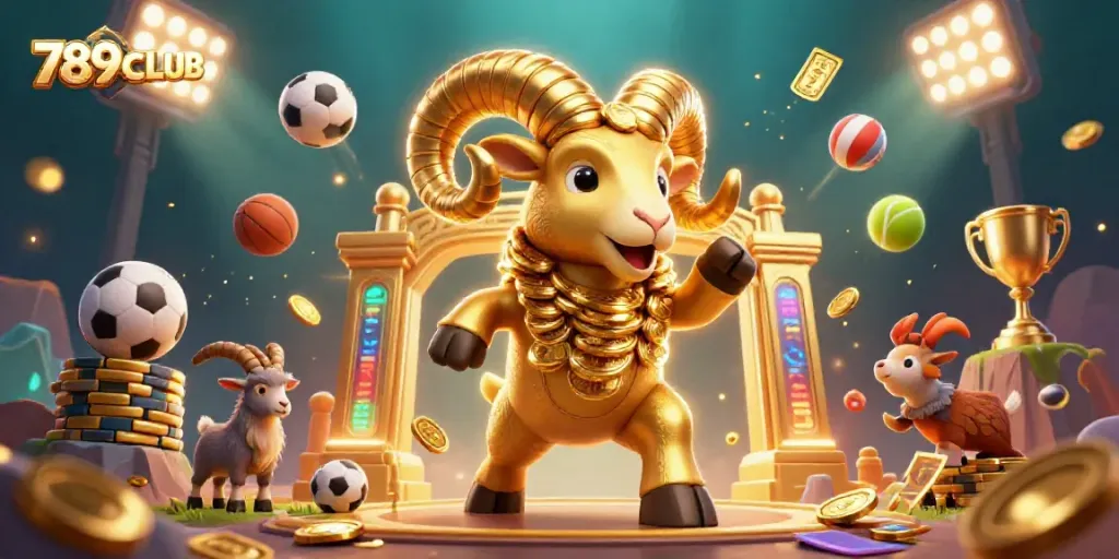 Engage with 789CLUB's dynamic casino scene featuring a golden ram charging through winnings.