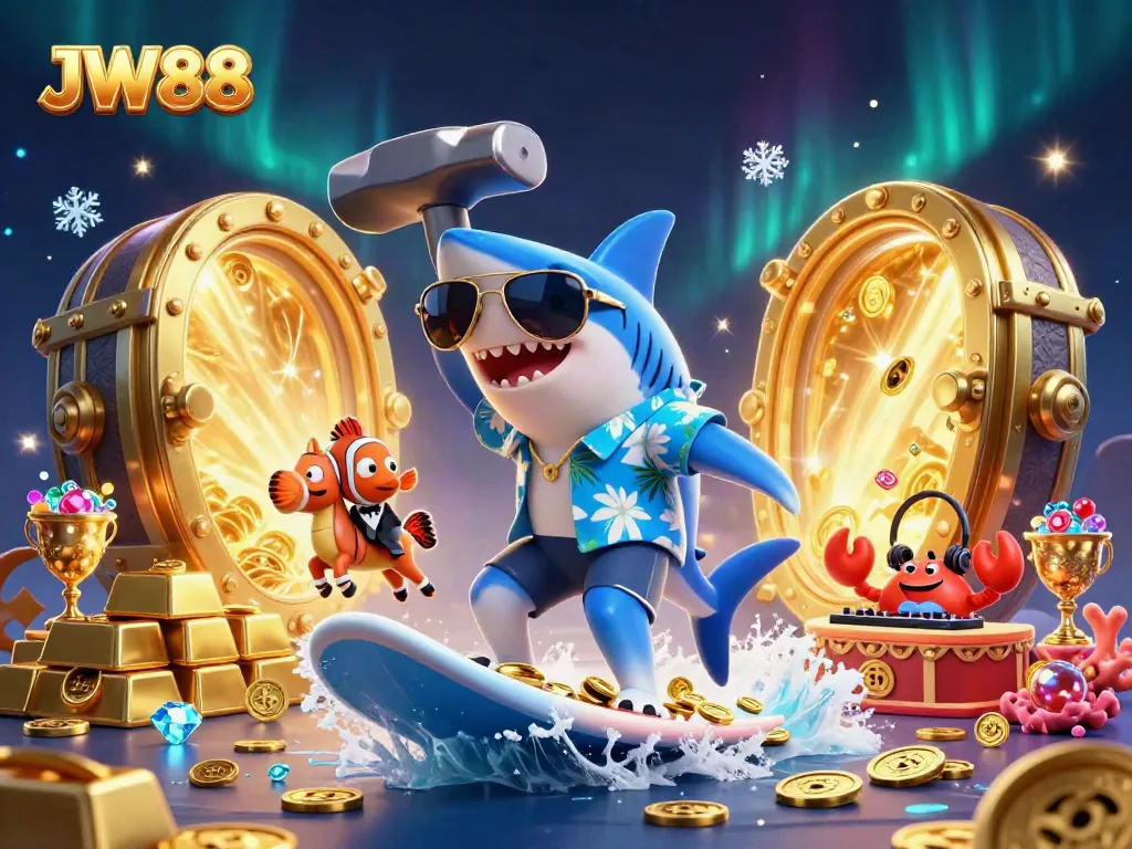 Engaging 3D shark surfing on gold coins in JW88 underwater casino scene.