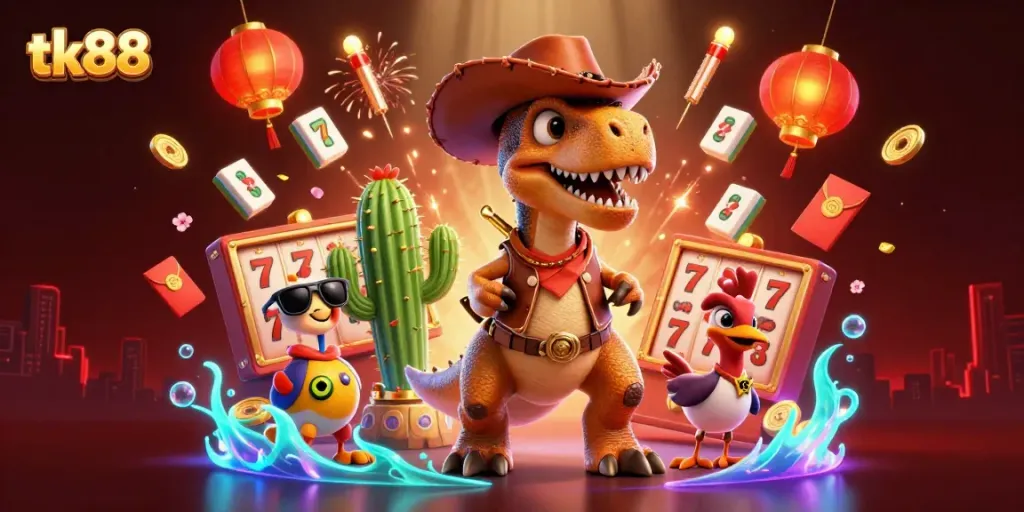 Experience the excitement of tk88 with a vibrant, dynamic casino illustration featuring lively characters and game elements.